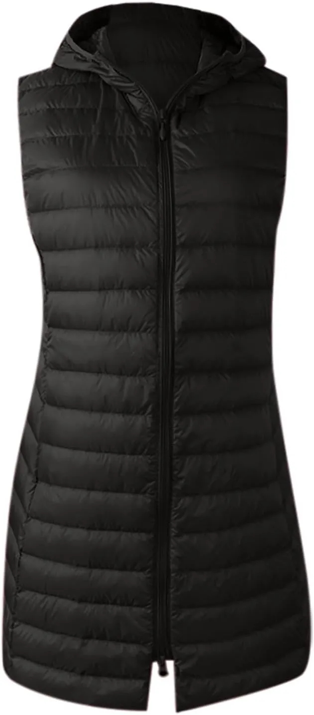 Womens Long Puffer Vests Quilted Vest Zipper Sleeveless Cotton Padded Coats Fashion Warm Jackets with Pockets