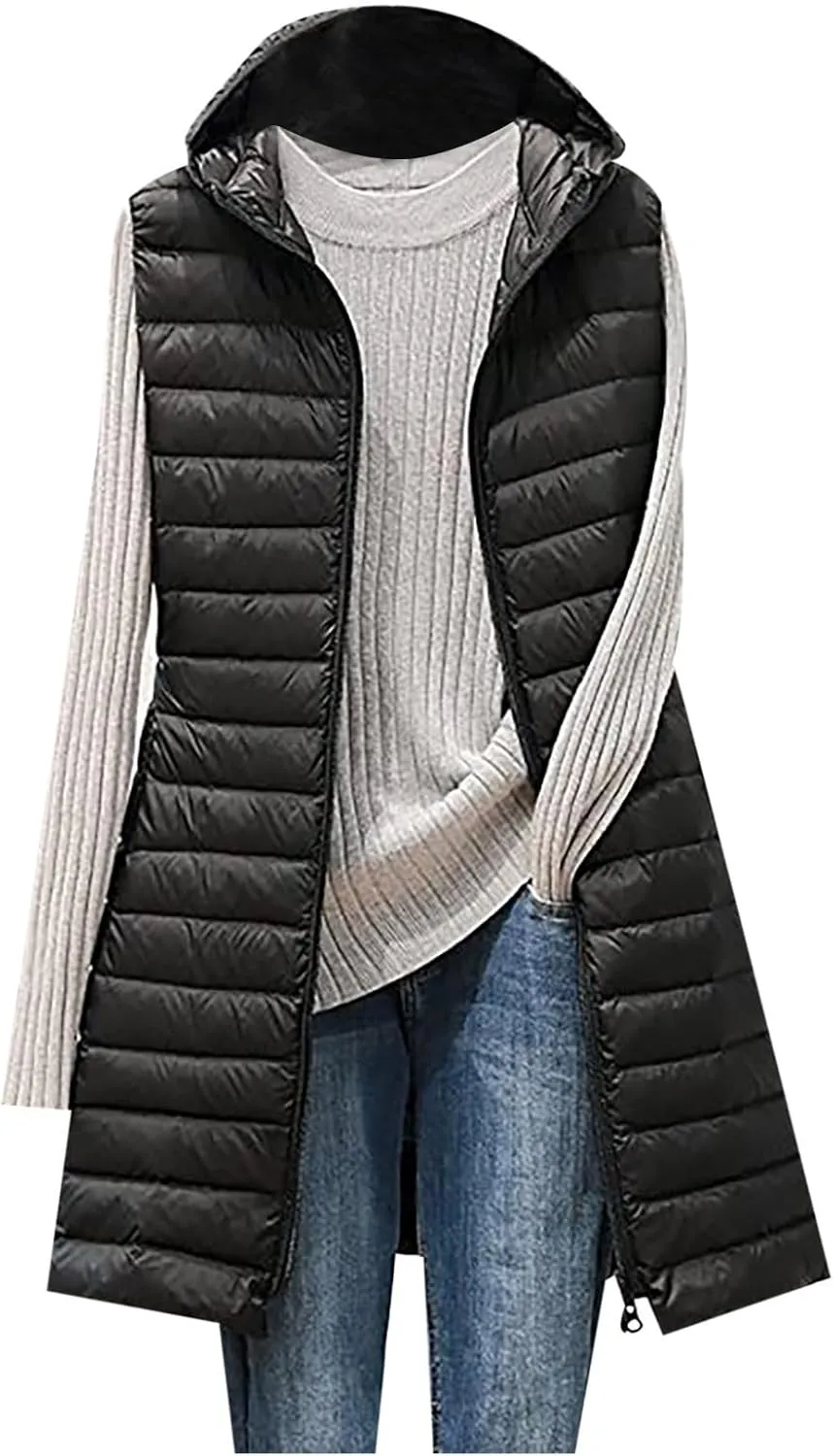 Womens Long Puffer Vests Quilted Vest Zipper Sleeveless Cotton Padded Coats Fashion Warm Jackets with Pockets