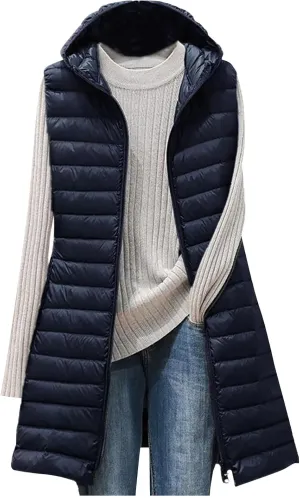 Womens Long Puffer Vests Quilted Vest Zipper Sleeveless Cotton Padded Coats Fashion Warm Jackets with Pockets