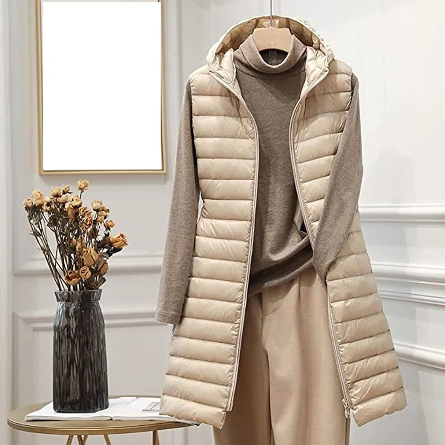 Womens Long Puffer Vests Quilted Vest Zipper Sleeveless Cotton Padded Coats Fashion Warm Jackets with Pockets