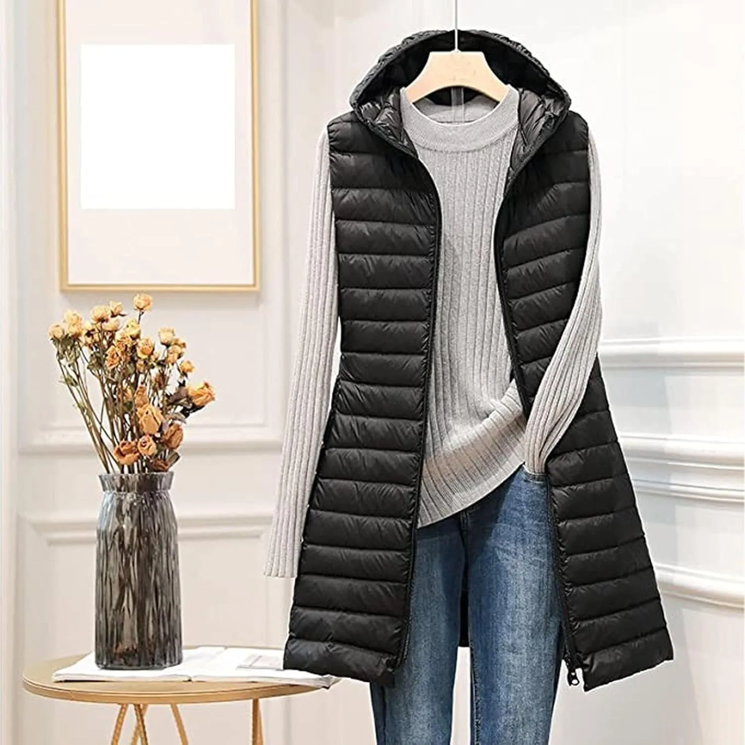 Womens Long Puffer Vests Quilted Vest Zipper Sleeveless Cotton Padded Coats Fashion Warm Jackets with Pockets