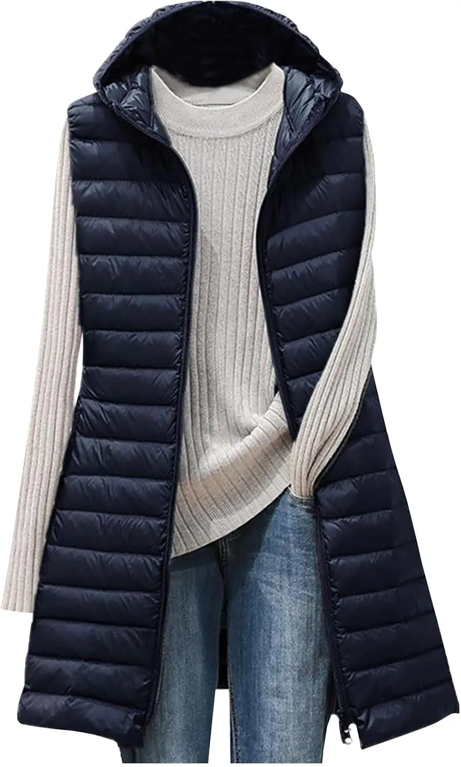 Womens Long Puffer Vests Quilted Vest Zipper Sleeveless Cotton Padded Coats Fashion Warm Jackets with Pockets