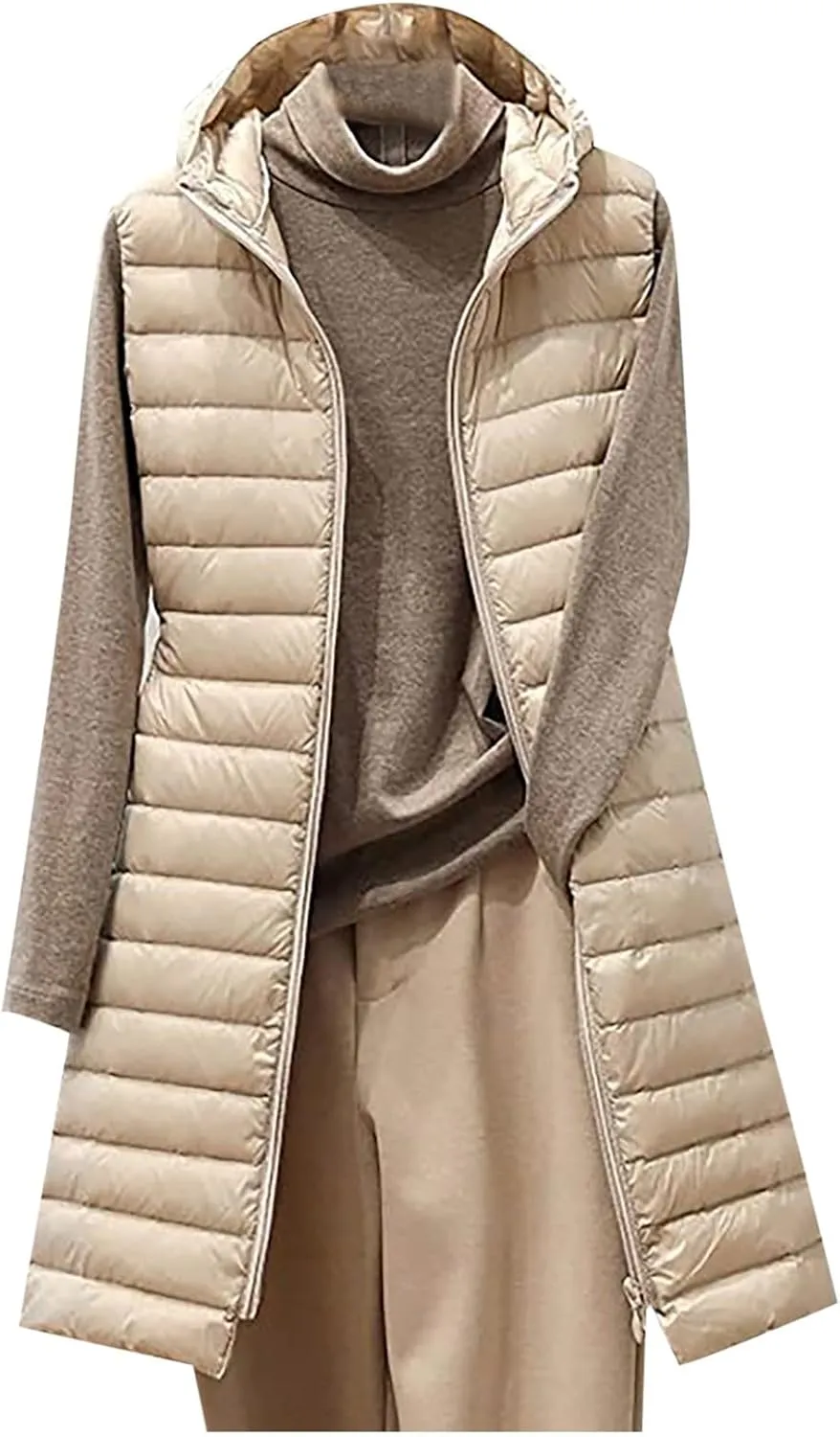 Womens Long Puffer Vests Quilted Vest Zipper Sleeveless Cotton Padded Coats Fashion Warm Jackets with Pockets