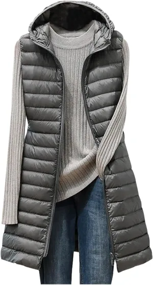 Womens Long Puffer Vests Quilted Vest Zipper Sleeveless Cotton Padded Coats Fashion Warm Jackets with Pockets