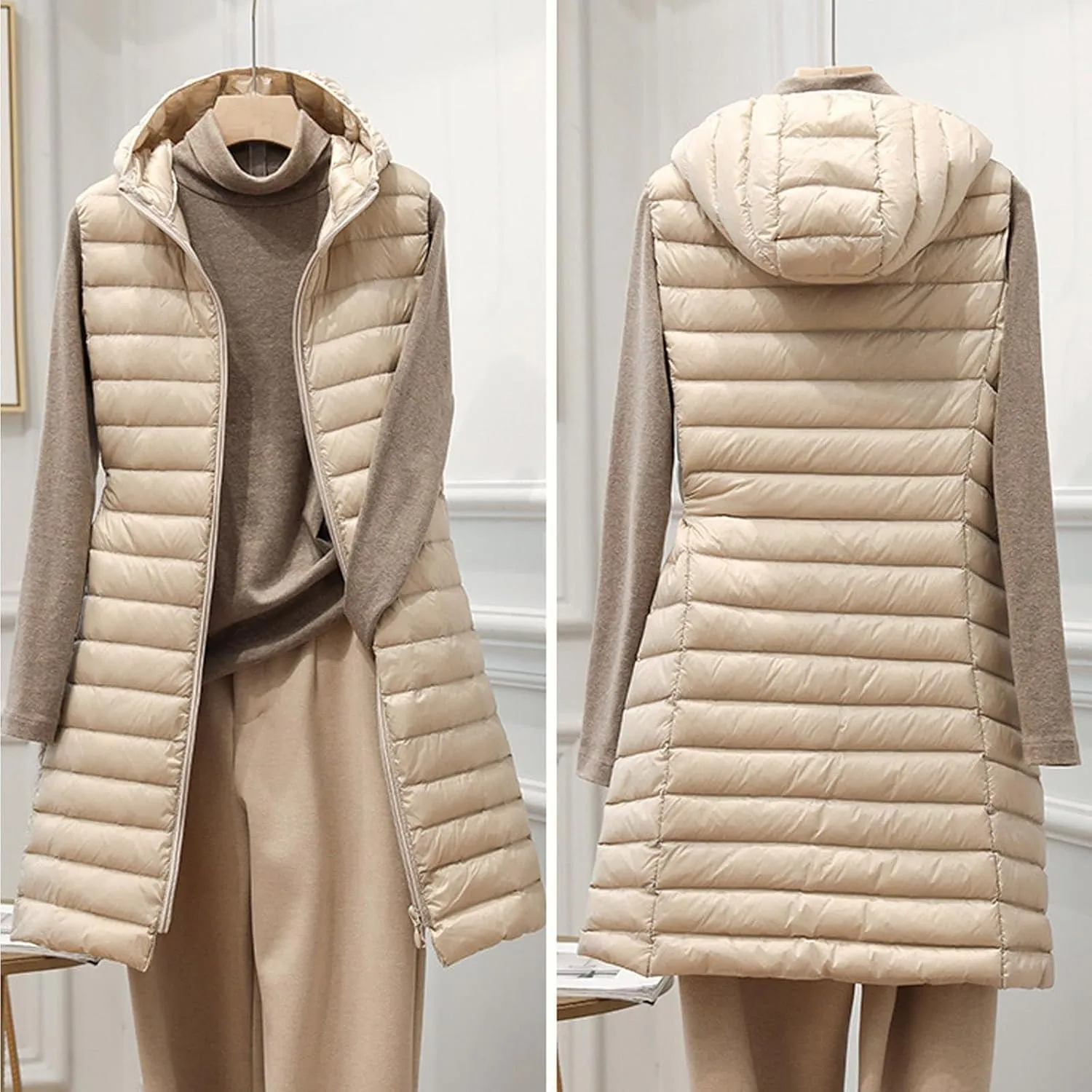 Womens Long Puffer Vests Quilted Vest Zipper Sleeveless Cotton Padded Coats Fashion Warm Jackets with Pockets