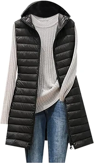 Womens Long Puffer Vests Quilted Vest Zipper Sleeveless Cotton Padded Coats Fashion Warm Jackets with Pockets