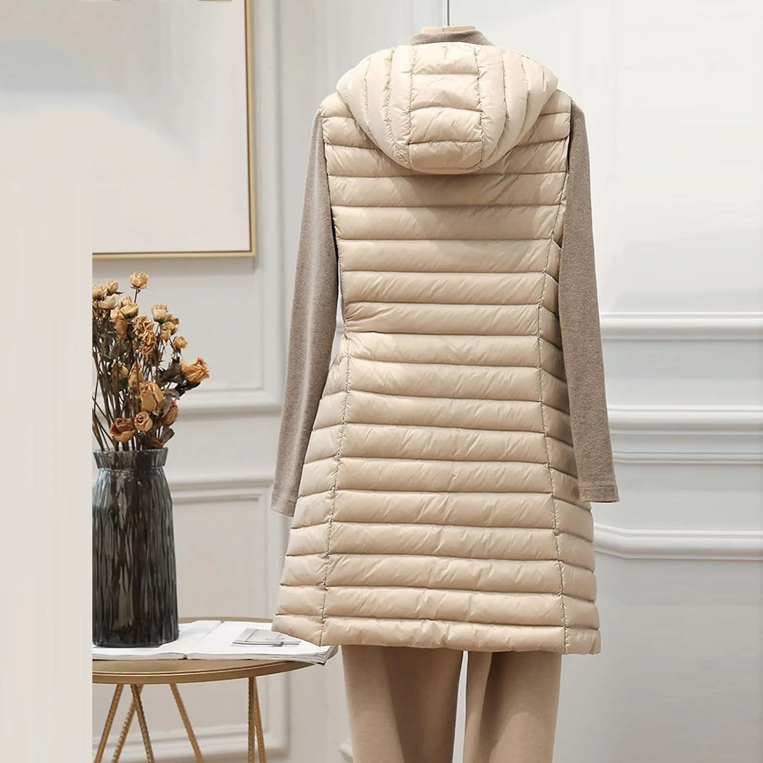 Womens Long Puffer Vests Quilted Vest Zipper Sleeveless Cotton Padded Coats Fashion Warm Jackets with Pockets