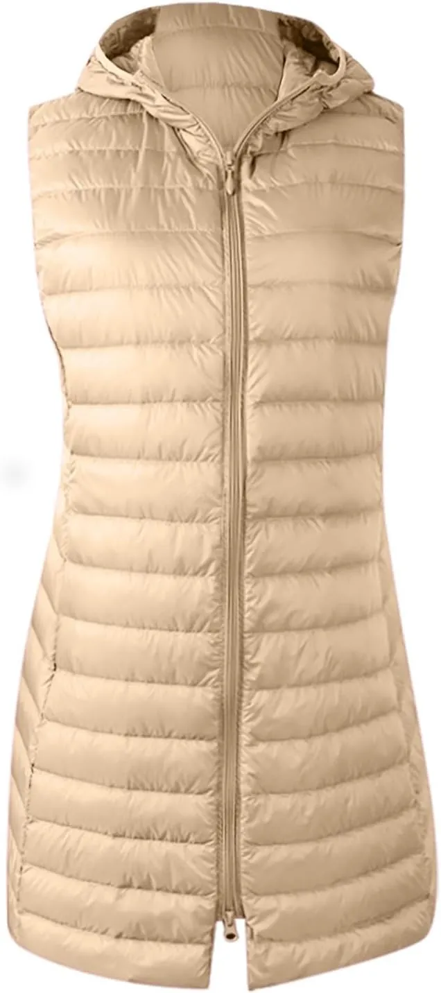 Womens Long Puffer Vests Quilted Vest Zipper Sleeveless Cotton Padded Coats Fashion Warm Jackets with Pockets