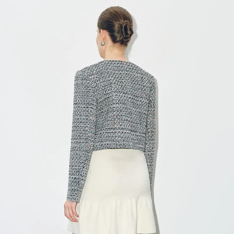 Women's Long Sleeve Cropped Tweed Jacket with Pocket Button Slim Fit Work Office Short Tweed Blazer