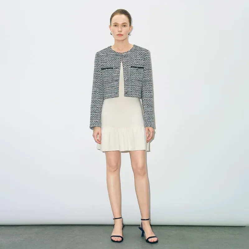 Women's Long Sleeve Cropped Tweed Jacket with Pocket Button Slim Fit Work Office Short Tweed Blazer