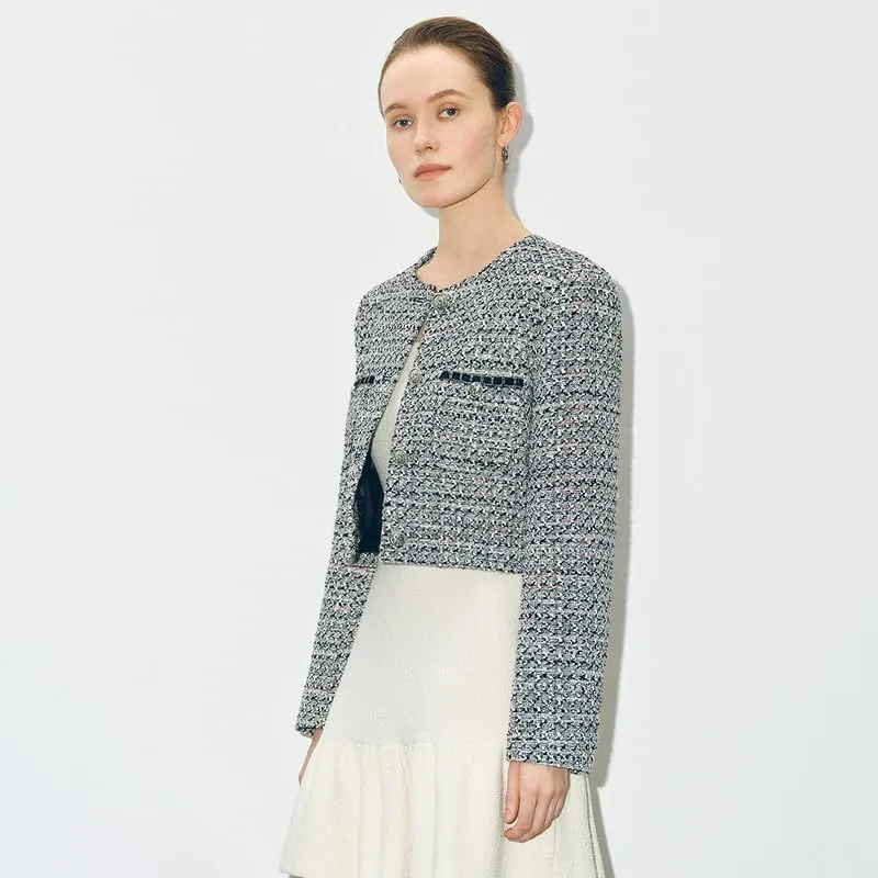 Women's Long Sleeve Cropped Tweed Jacket with Pocket Button Slim Fit Work Office Short Tweed Blazer