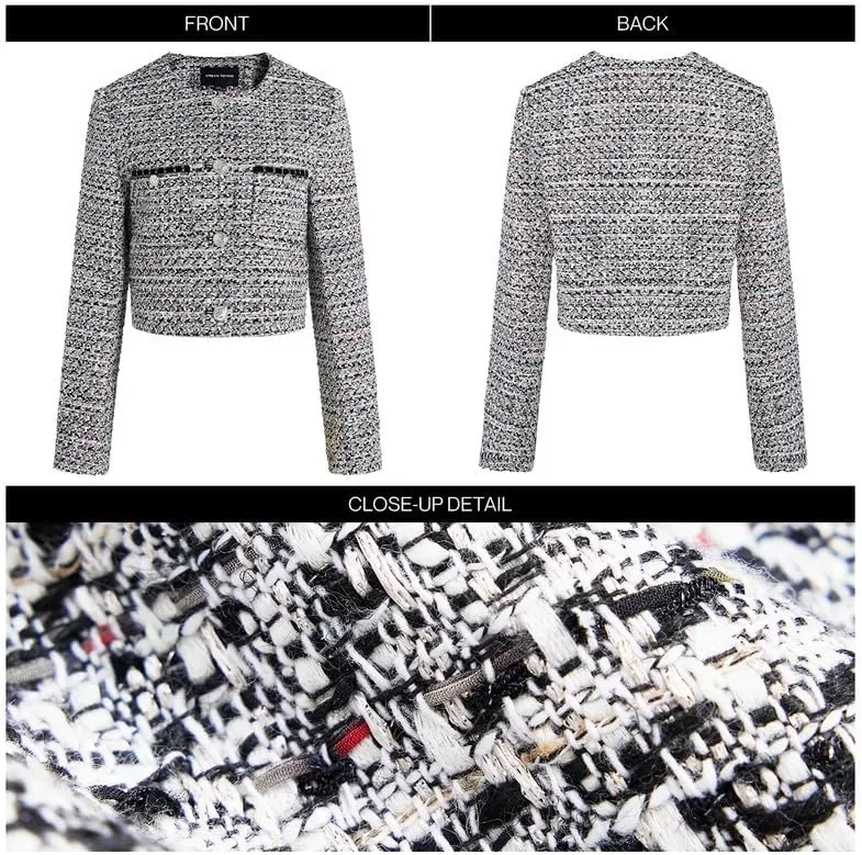 Women's Long Sleeve Cropped Tweed Jacket with Pocket Button Slim Fit Work Office Short Tweed Blazer