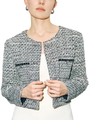 Women's Long Sleeve Cropped Tweed Jacket with Pocket Button Slim Fit Work Office Short Tweed Blazer