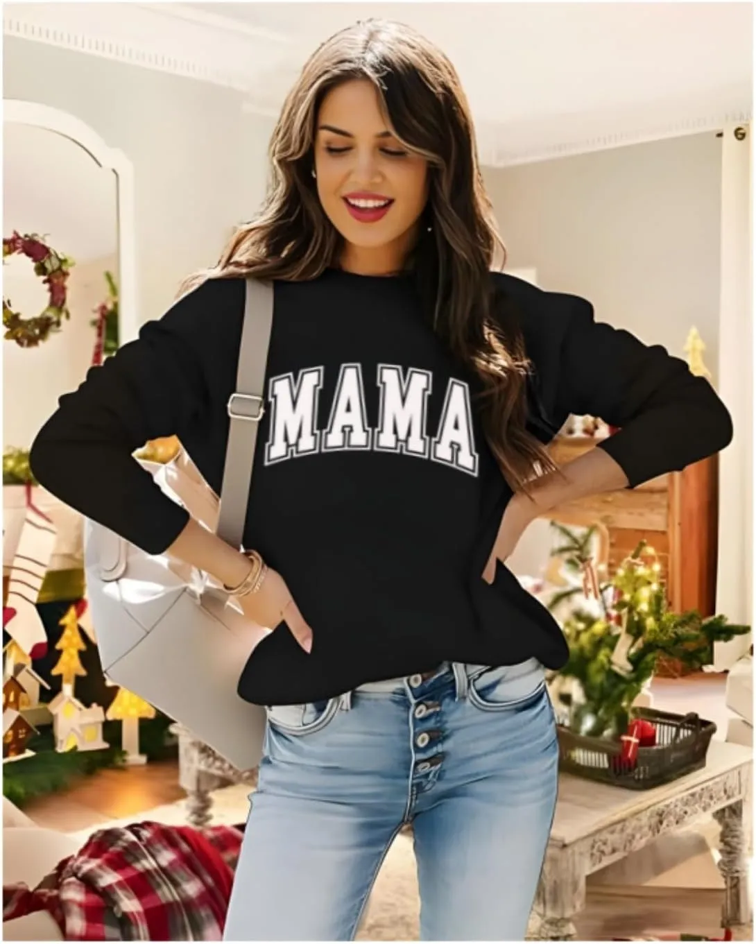 Womens Mama Sweatshirt Mom Life Shirt USA Sweatshirt Graphic American Flag Shirt Pullover Patriotic Sweater Tops