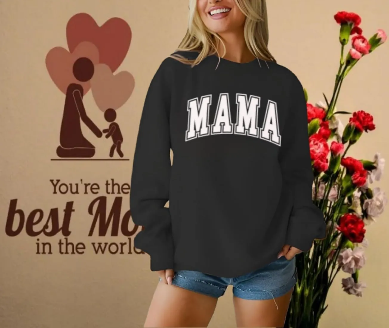 Womens Mama Sweatshirt Mom Life Shirt USA Sweatshirt Graphic American Flag Shirt Pullover Patriotic Sweater Tops
