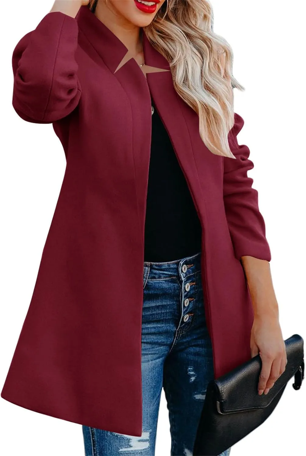 Women's Mid Length Jackets Business Casual Pea Trench Coat Classic Open Front Cardigan Jacket Outwear with Pocket