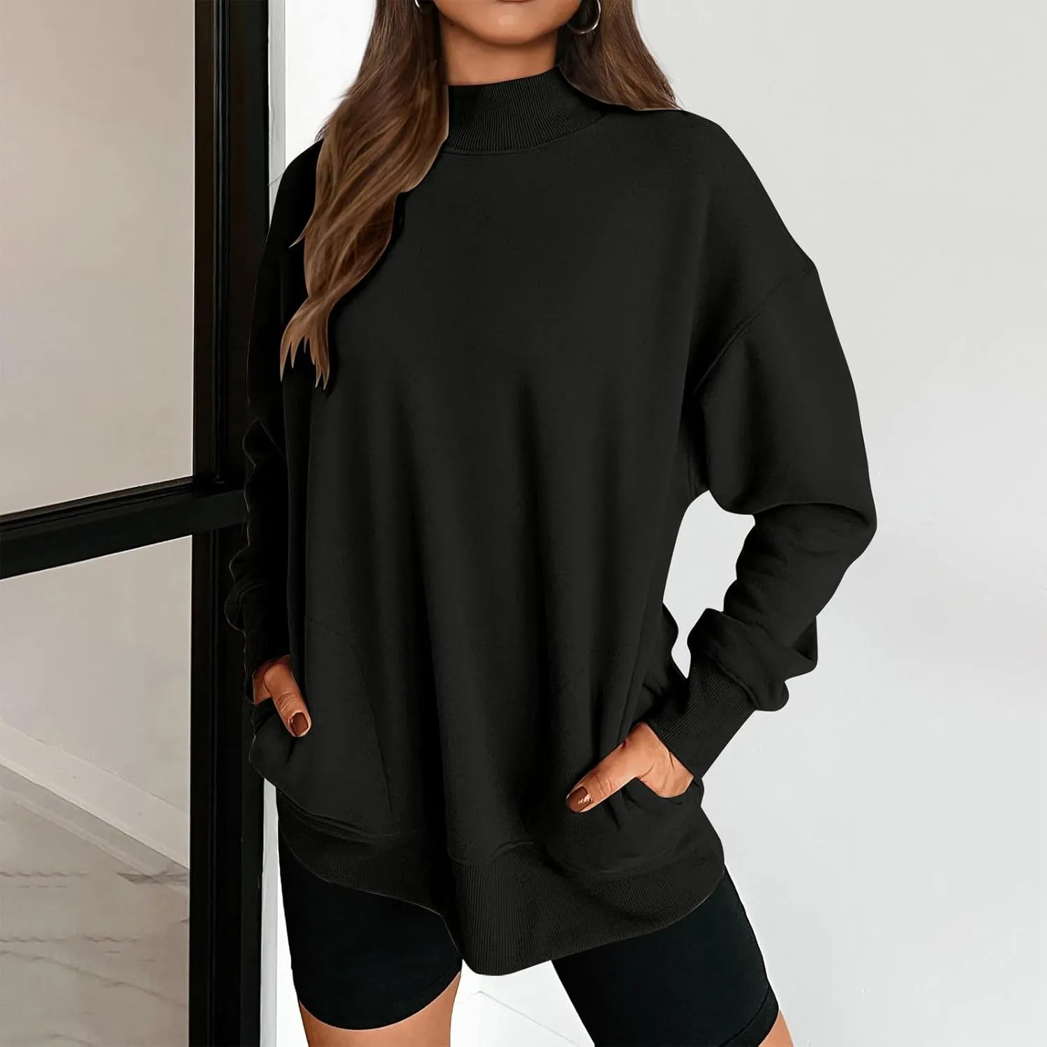 Womens Mock Neck Oversized Sweatshirts with Pockets Fleece Tops Pullover No Hood Sweater for Cold Freezing Weather