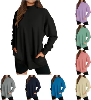 Womens Mock Neck Oversized Sweatshirts with Pockets Fleece Tops Pullover No Hood Sweater for Cold Freezing Weather