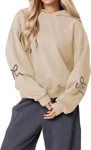 Womens Oversized Hoodies Bow Graphic Print Sweatshirts Casual Long Sleeve Shirts Pullover Hooded Jacket with Pockets