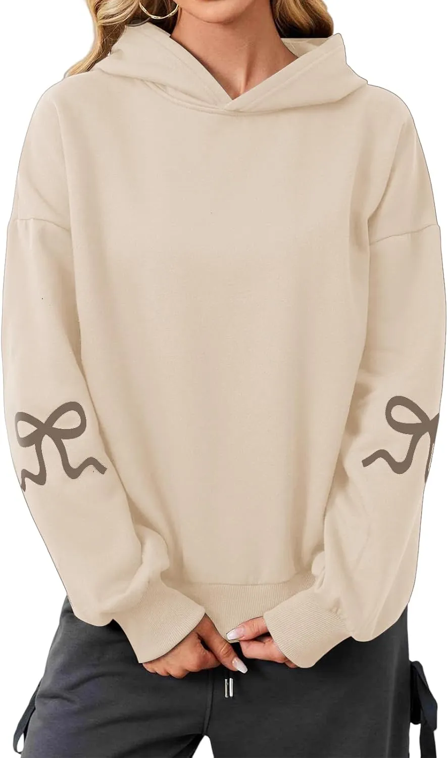 Womens Oversized Hoodies Bow Graphic Print Sweatshirts Casual Long Sleeve Shirts Pullover Hooded Jacket with Pockets