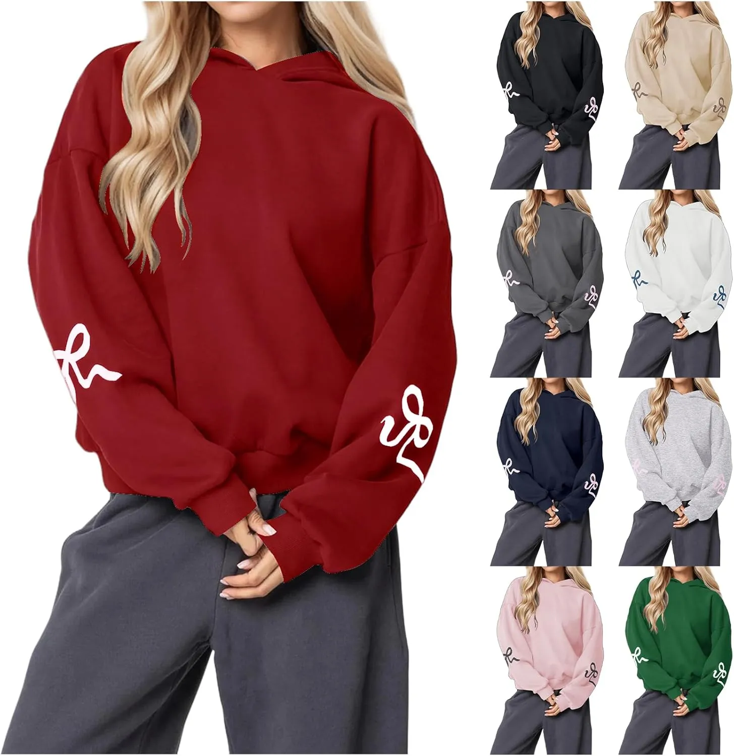 Womens Oversized Hoodies Bow Graphic Print Sweatshirts Casual Long Sleeve Shirts Pullover Hooded Jacket with Pockets