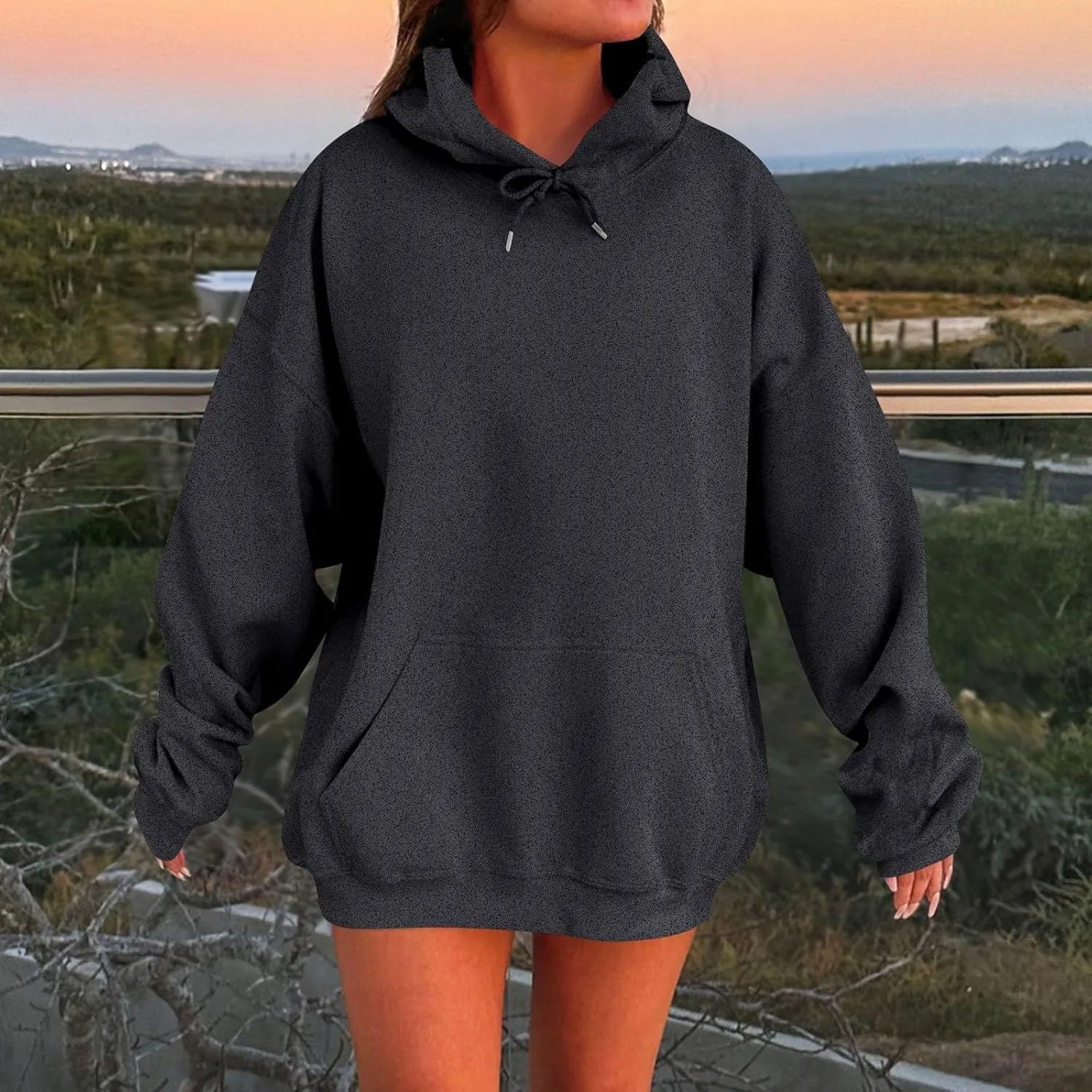 Womens Oversized Hoodies Casual Long Sleeve Sweatshirts Pullover Lightweight Soild Color Drawstring Sweatshirt Tops