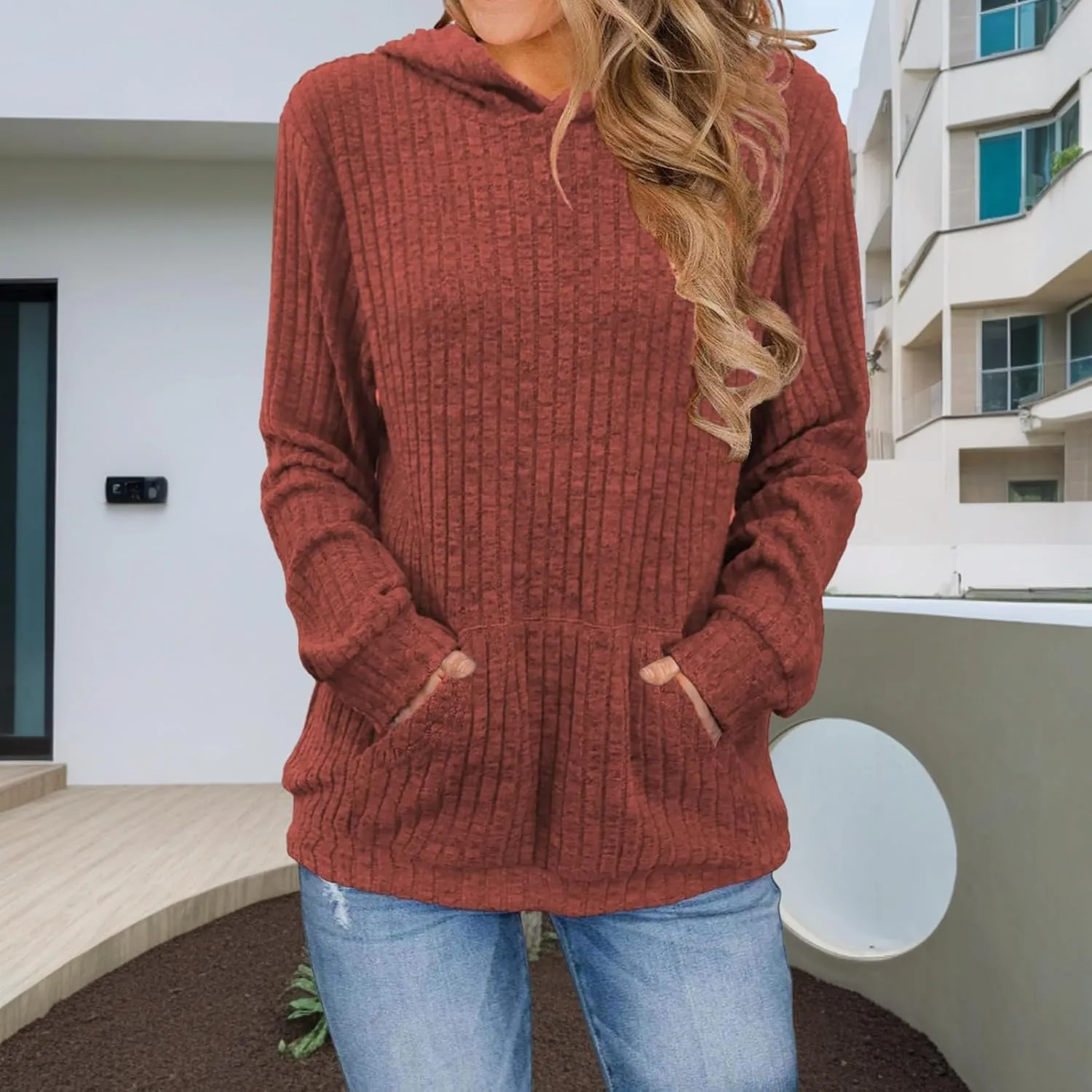 Womens Oversized Hoodies Long Sleeve Solid Color Shirts Loose Fit Waffle Knit Pullover Sweatshirts Tops