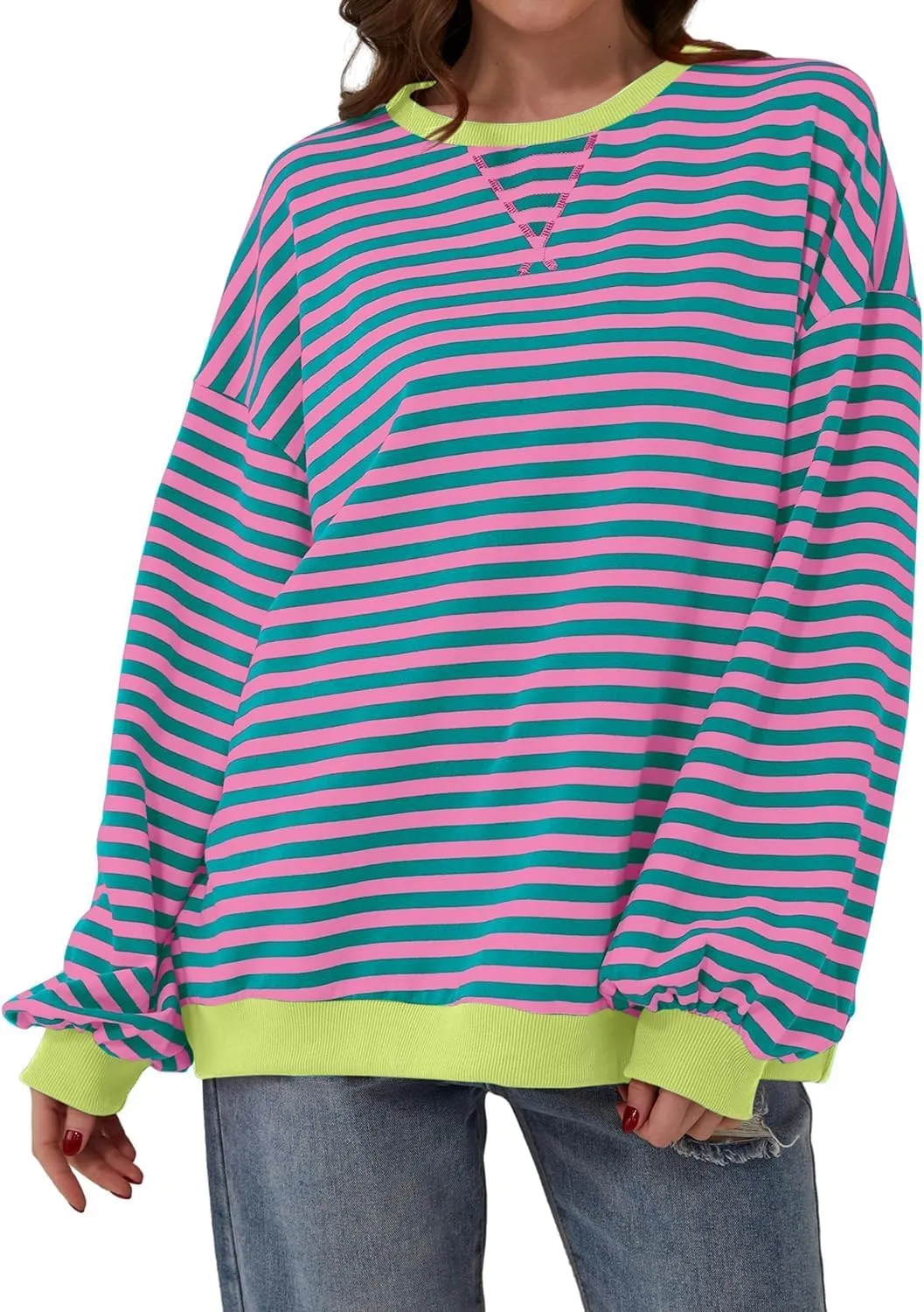 Womens Oversized Striped Sweatshirt Color Block Long Sleeve Shirt Crewneck Pullover Striped Sweater Y2k Clothes