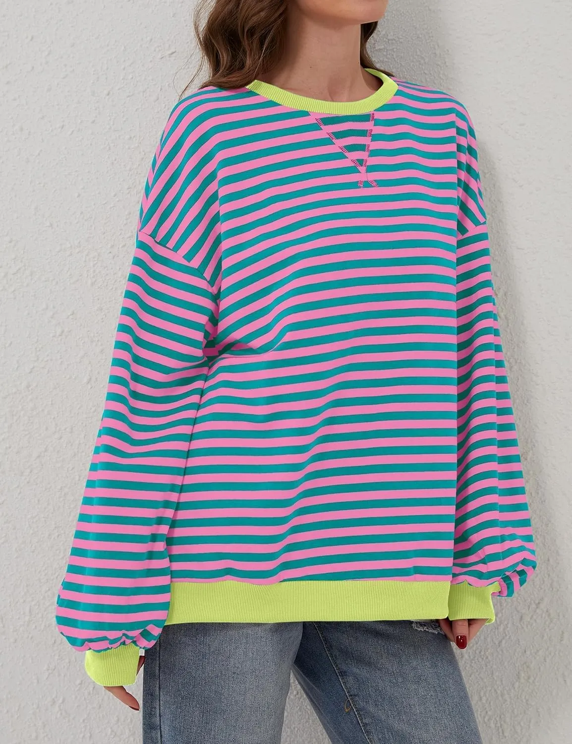 Womens Oversized Striped Sweatshirt Color Block Long Sleeve Shirt Crewneck Pullover Striped Sweater Y2k Clothes