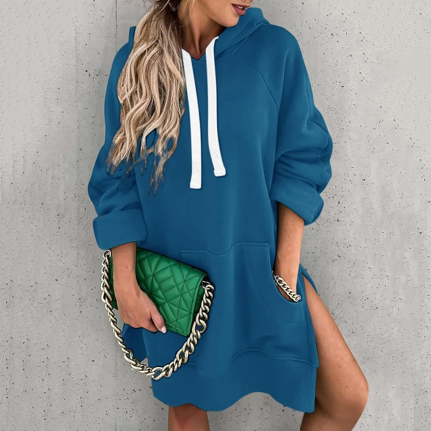 Womens Oversized Sweatshirts Hoodies Casual Long Sleeve Fleece Tops Solid Color Drawstring Pullover Split Soft Outfits