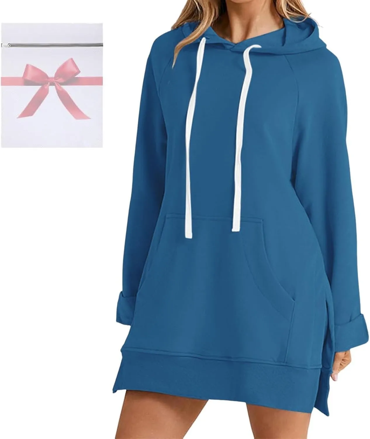 Womens Oversized Sweatshirts Hoodies Casual Long Sleeve Fleece Tops Solid Color Drawstring Pullover Split Soft Outfits