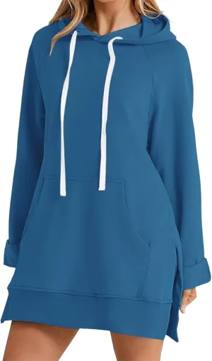 Womens Oversized Sweatshirts Hoodies Casual Long Sleeve Fleece Tops Solid Color Drawstring Pullover Split Soft Outfits