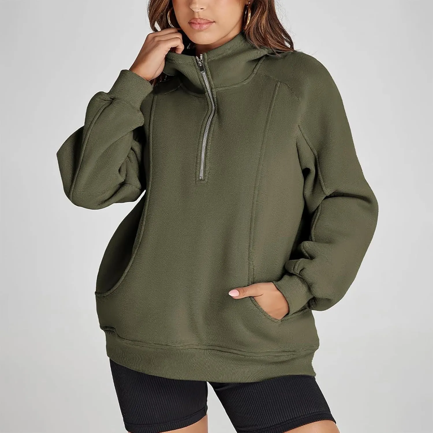 Women's Oversized Sweatshirts Long Sleeve Half Zip Fleece Pullover Tops Trendy Solid Color Fall Winter Clothes