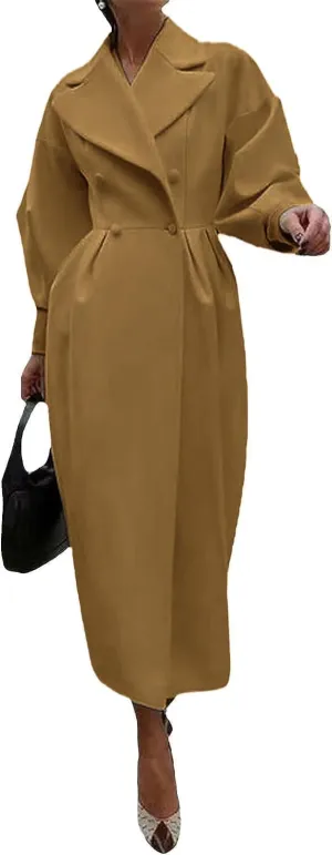 Womens peacoat Double Breasted Lapel Wool Ankle Length Solid Color Overcoat Lantern Sleeve Long Trench Coat