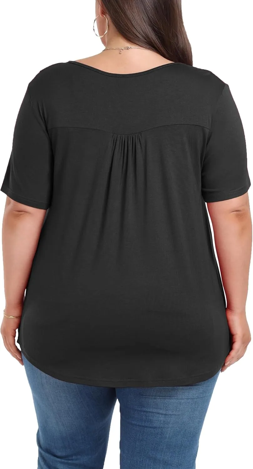 Women's Plus Size Shirt Short Sleeve Button Round Neck Top Basic Ladies Loose Fit T Shirt