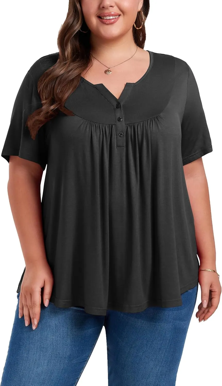 Women's Plus Size Shirt Short Sleeve Button Round Neck Top Basic Ladies Loose Fit T Shirt