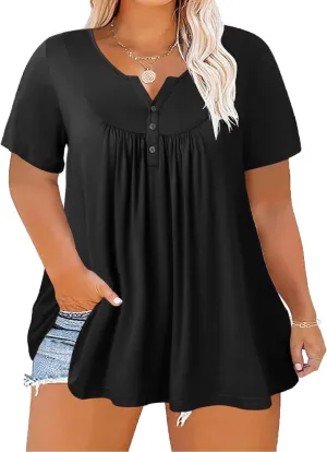 Women's Plus Size Shirt Short Sleeve Button Round Neck Top Basic Ladies Loose Fit T Shirt