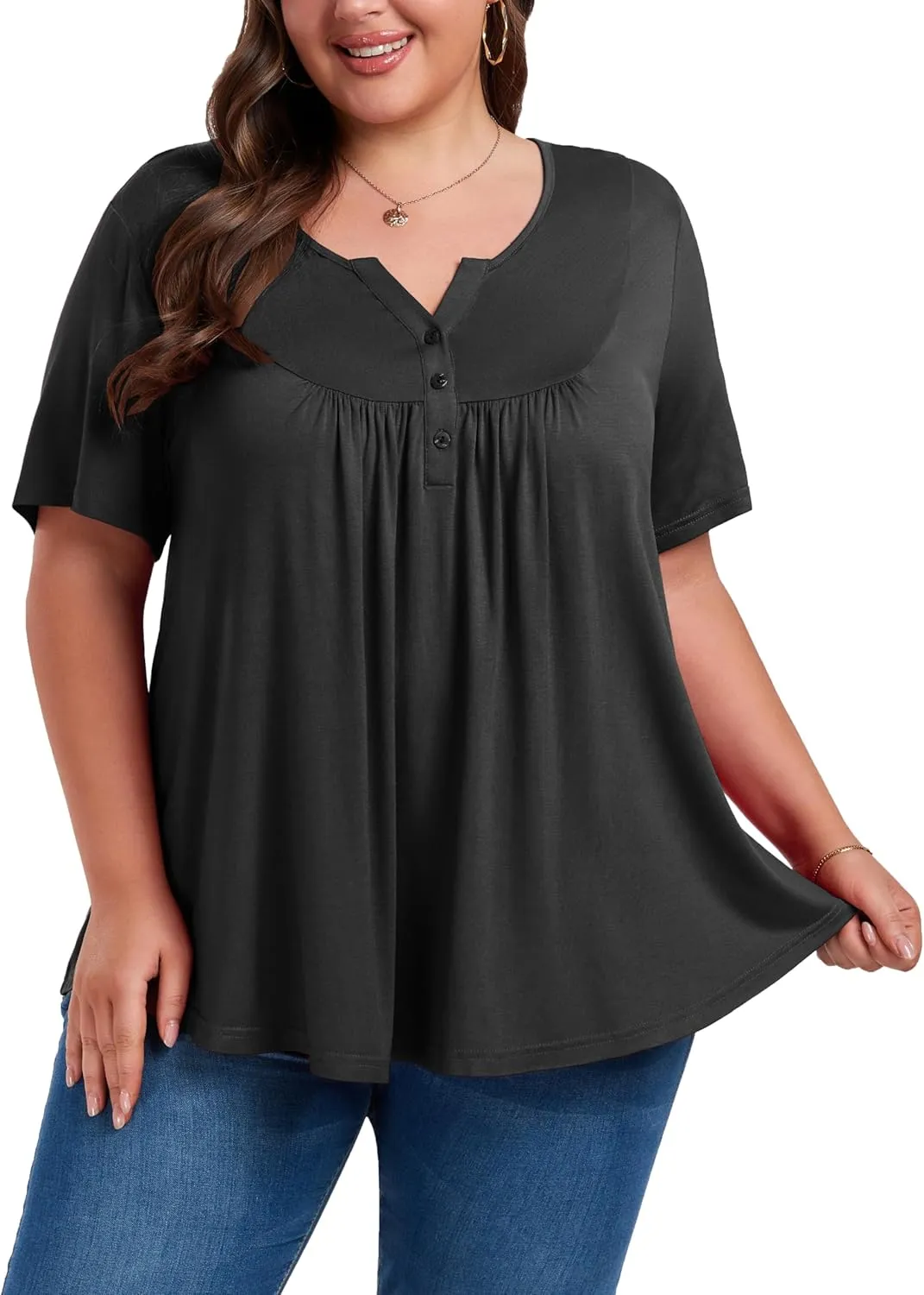 Women's Plus Size Shirt Short Sleeve Button Round Neck Top Basic Ladies Loose Fit T Shirt