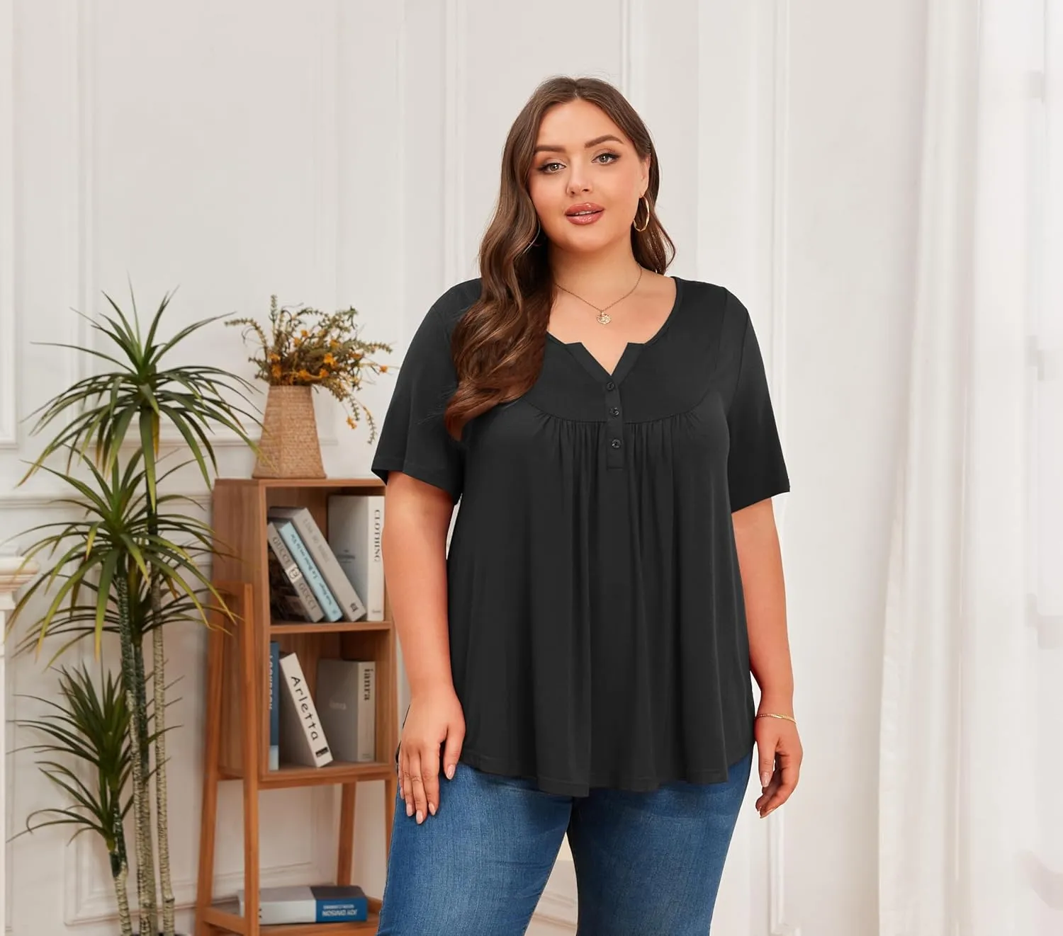 Women's Plus Size Shirt Short Sleeve Button Round Neck Top Basic Ladies Loose Fit T Shirt