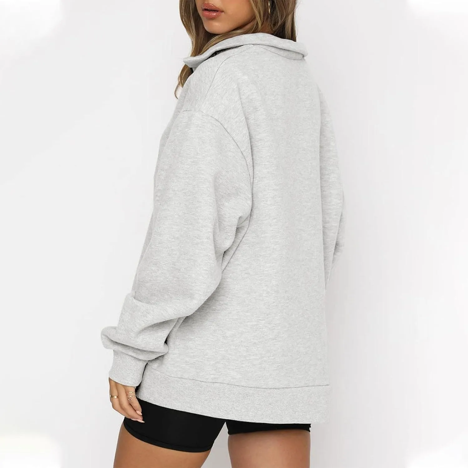 Womens Quarter Zip Pullover Loose Collared Oversized Sweatshirt Preppy Long Sleeve Fleece Hoodie Sweater for Teen Girl