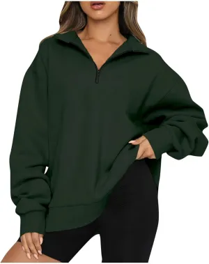 Womens Quarter Zip Pullover Loose Collared Oversized Sweatshirt Preppy Long Sleeve Fleece Hoodie Sweater for Teen Girl