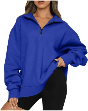 Womens Quarter Zip Pullover Loose Collared Oversized Sweatshirt Preppy Long Sleeve Fleece Hoodie Sweater for Teen Girl