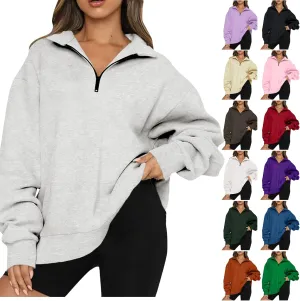 Womens Quarter Zip Pullover Loose Collared Oversized Sweatshirt Preppy Long Sleeve Fleece Hoodie Sweater for Teen Girl