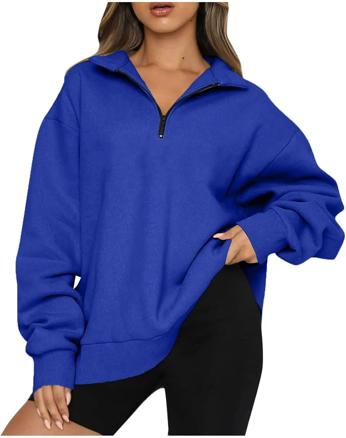 Womens Quarter Zip Pullover Loose Collared Oversized Sweatshirt Preppy Long Sleeve Fleece Hoodie Sweater for Teen Girl