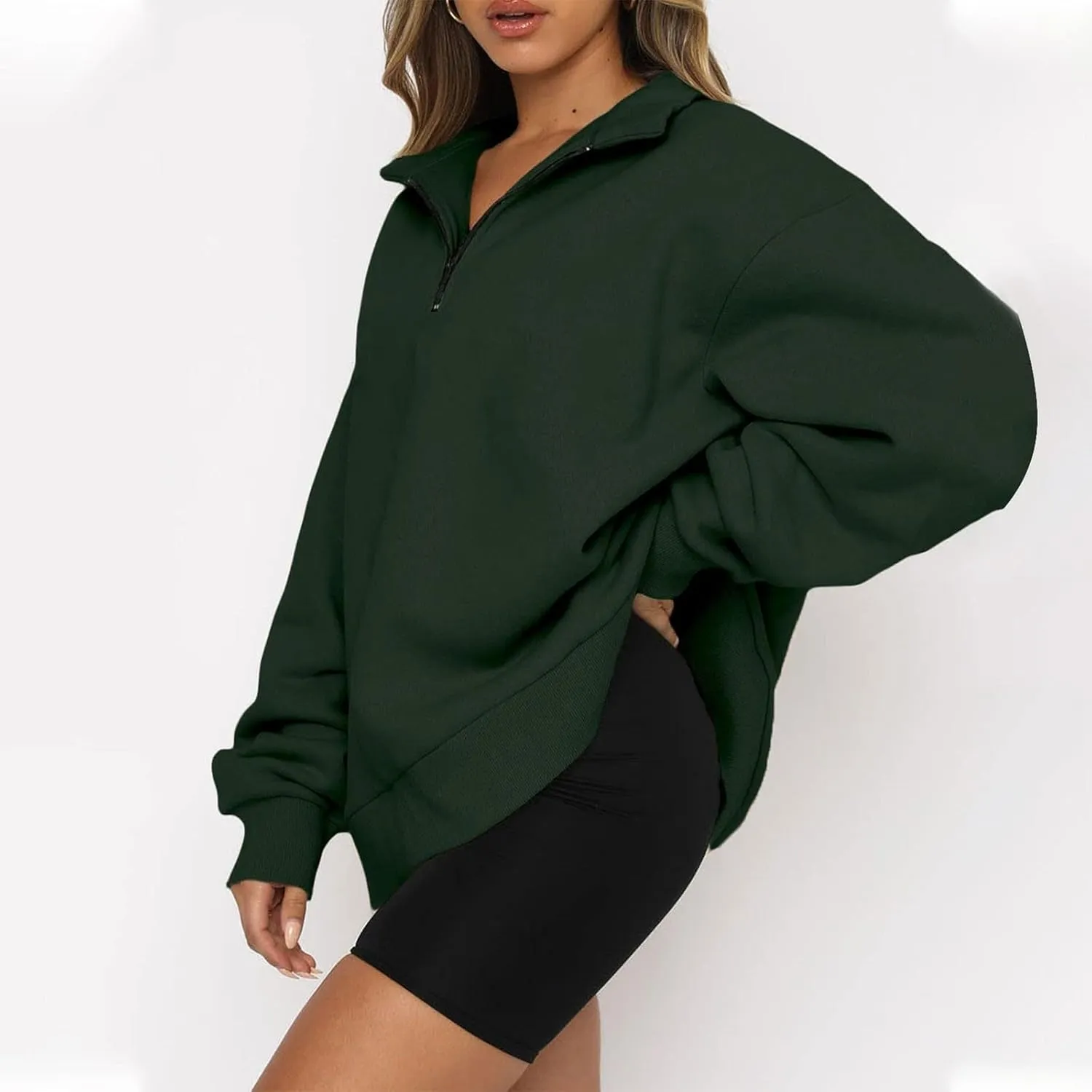 Womens Quarter Zip Pullover Loose Collared Oversized Sweatshirt Preppy Long Sleeve Fleece Hoodie Sweater for Teen Girl