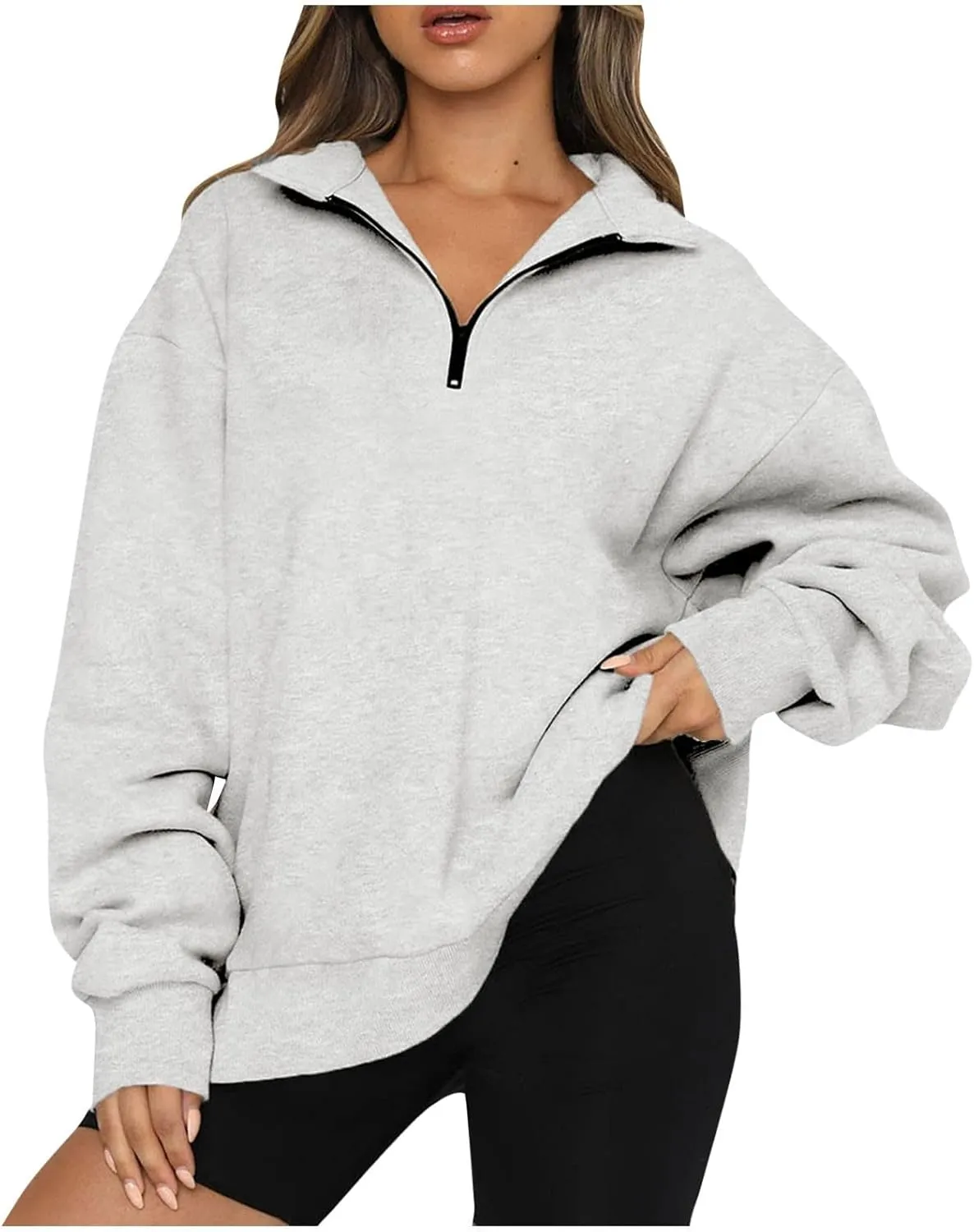 Womens Quarter Zip Pullover Loose Collared Oversized Sweatshirt Preppy Long Sleeve Fleece Hoodie Sweater for Teen Girl