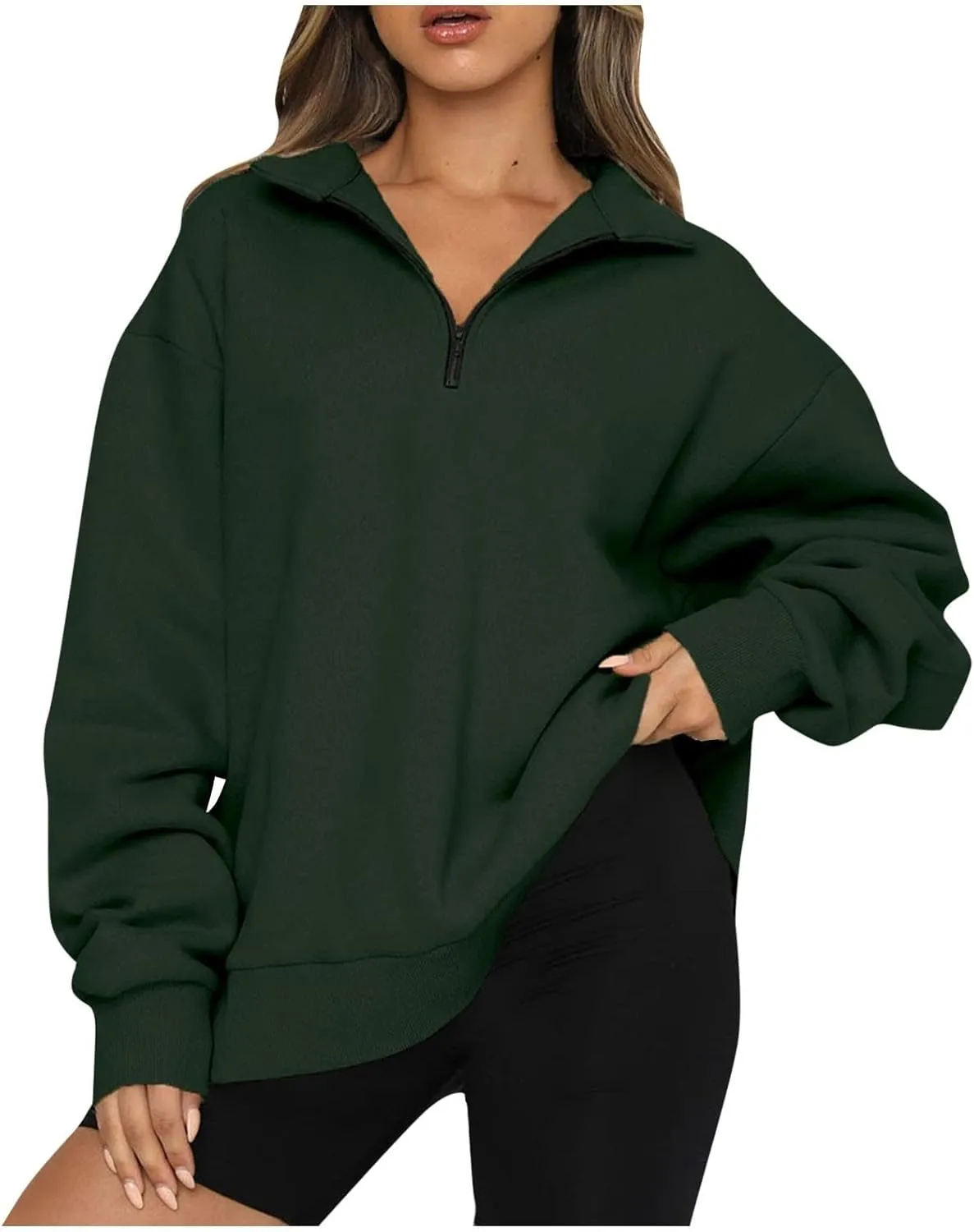 Womens Quarter Zip Pullover Loose Collared Oversized Sweatshirt Preppy Long Sleeve Fleece Hoodie Sweater for Teen Girl