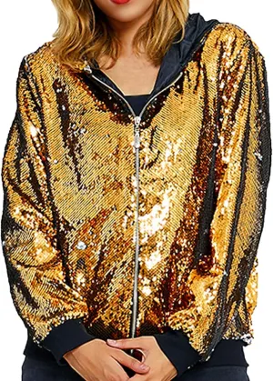 Women's Sequin Zip Up Hoodie Sweatshirt Loose Long Sleeve Jacket Glitter Party Shiny Baseball Coat Casual Rave Outfits Jackets for Women Oversized Sweatshirt Gold Medium