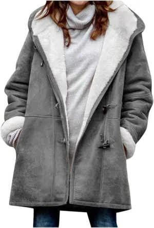 Womens Sherpa Lined Jackets Fashion Winter Fuzzy Fleece Hoodie Sweatshirt Casual Soft Cozy Horn Button Down Coats
