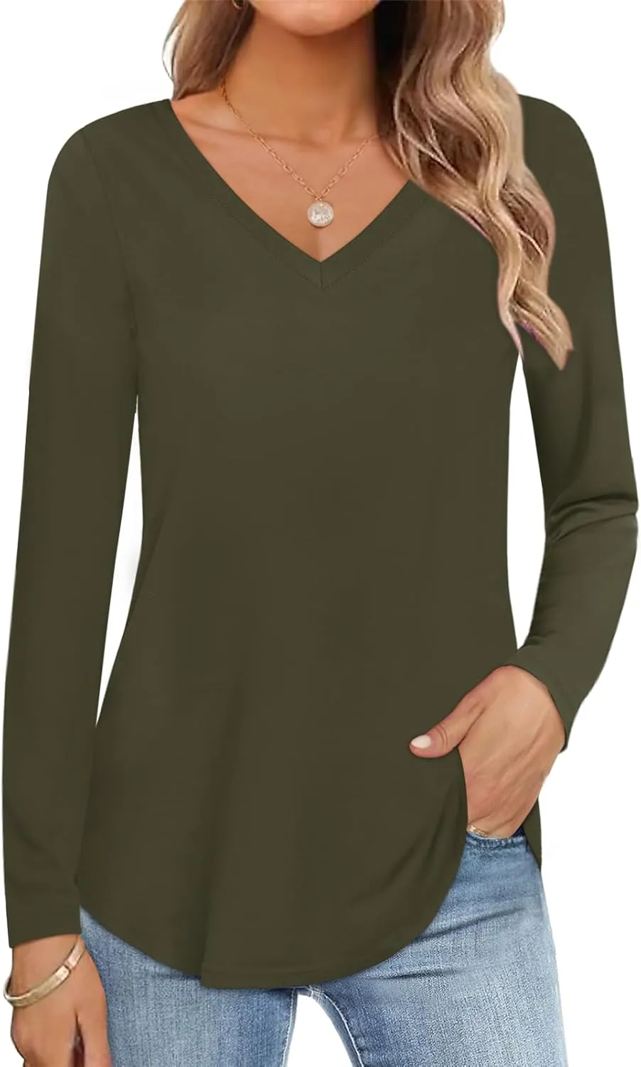 Womens Shirt Long Sleeve V Neck T-Shirt Cotton Tops Basic Tees